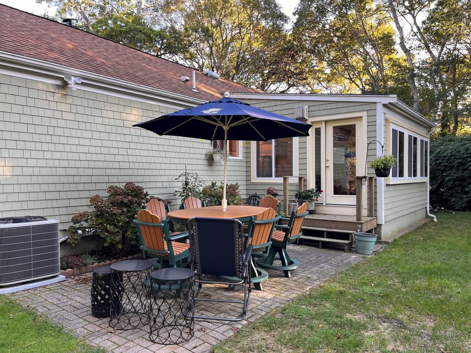 Backyard with gas grill and large dining table