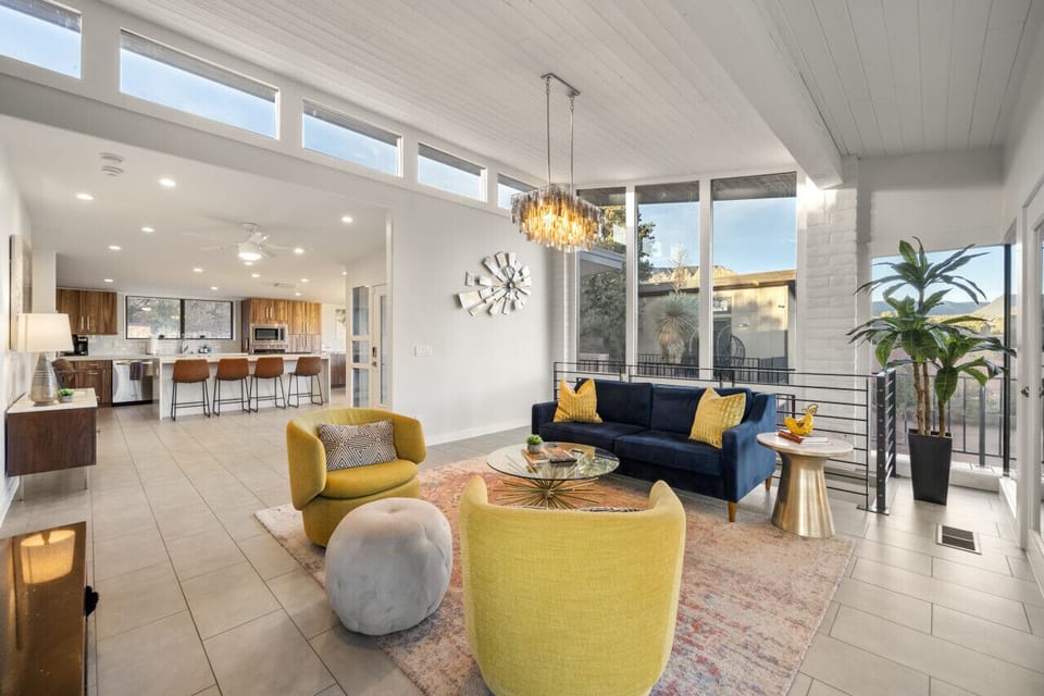 The open concept floor plan connects the living room to the kitchen