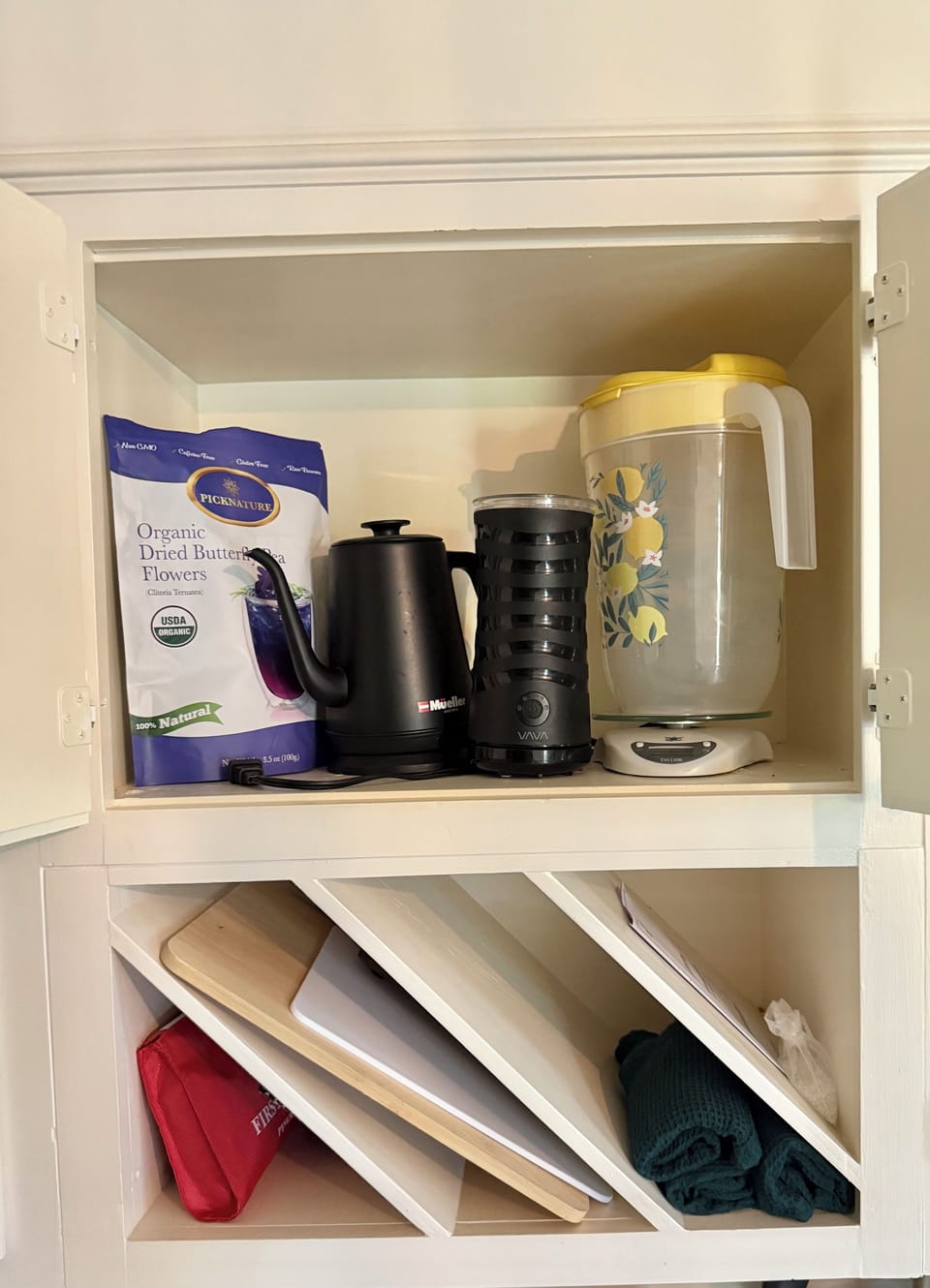 First aid kit, cutting boards, water kettle pitcher for ice tea, milk frothier!