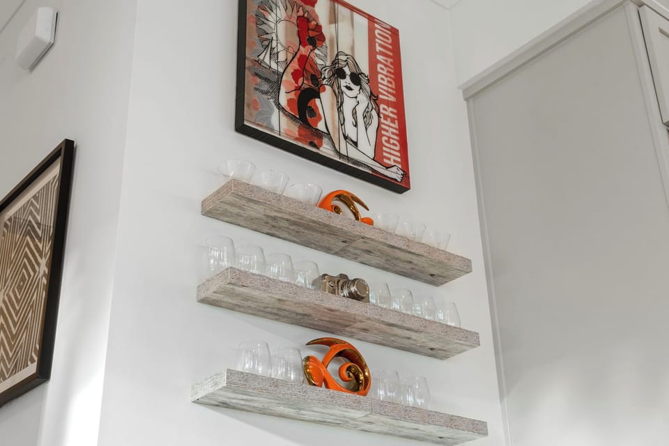 Tasteful decor above the wet bar