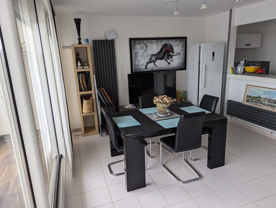 The dining area has its open kitchen, modern and practical. The adjacent living room has a TV, and thanks to large bay windows you will enjoy an open view on the terrace, offering an open view of the marina