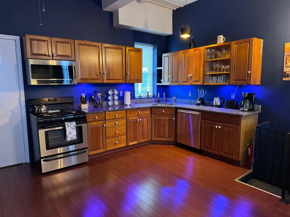 Full kitchen , blender, fridge, toaster, can opener, regular coffee, maker, silverware, etc.