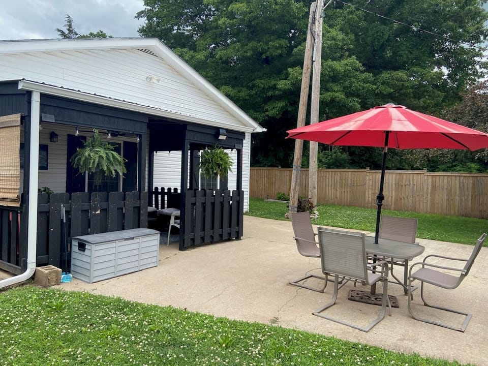 Our covered patio has a ceiling fan & plenty of bench cushions (in the tote).
