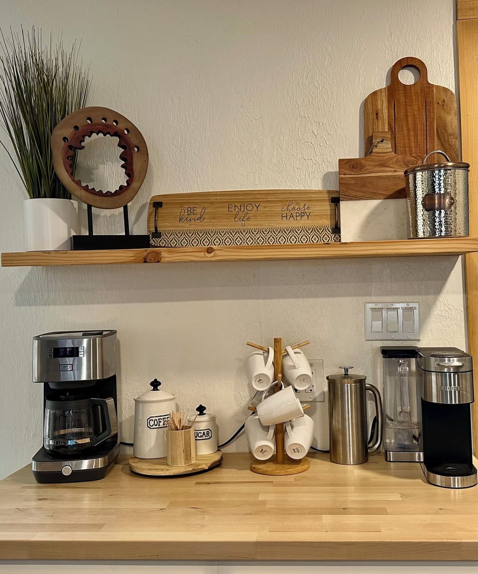 Coffee bar with 3 ways to make coffee =  Drip, French Press and Keurig