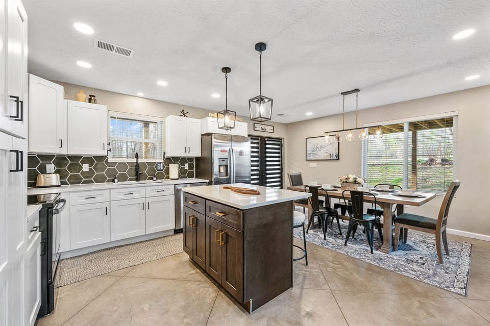You’ll find cooking utensils, pots and pans, and plenty of dishes and silverware—everything you need to prepare and enjoy dinner together.