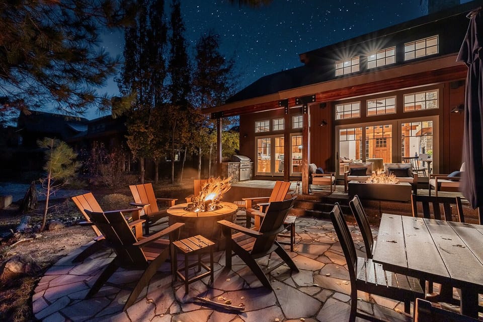Firepit with seating for 6 and outdoor dining with seating for 8.