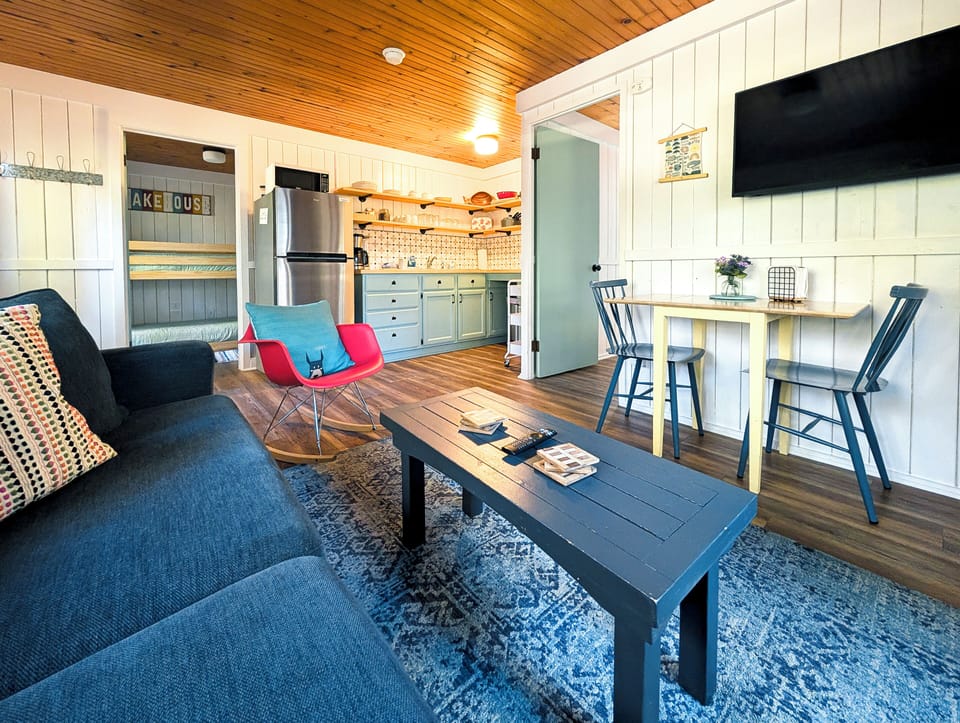 Relax on this comfortable couch and watch your favorite shows on a 50" smart TV