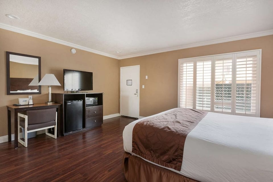Unwind in a spacious room with TV, desk, and sunlight.
