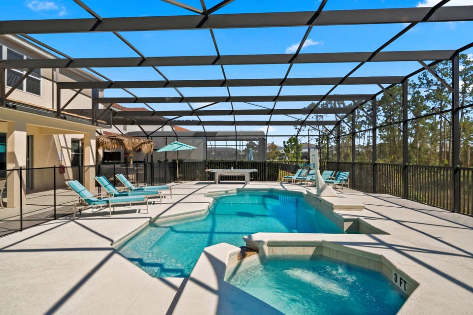 - Private screened pool with loungers and hot tub spa  
- Orlando luxury vacation rental near Disney attractions  
- Resort style villa with pool basketball and sun deck