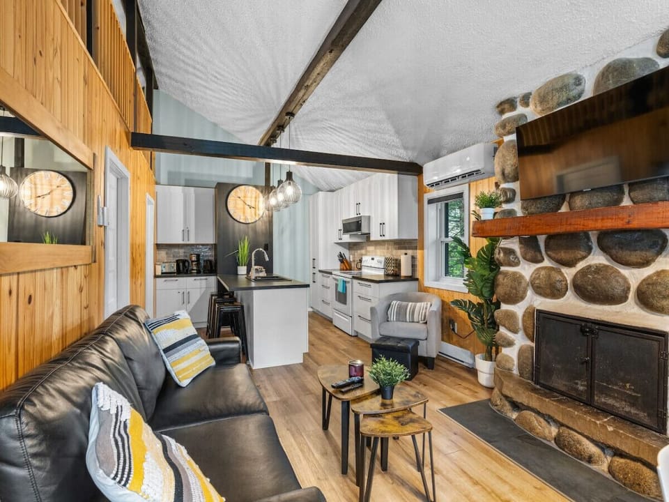 Beautiful living area with fireplace (1 bag of wood provided).  For your entertainment : HD TV  (cable is provided)During summer : Air conditionning.