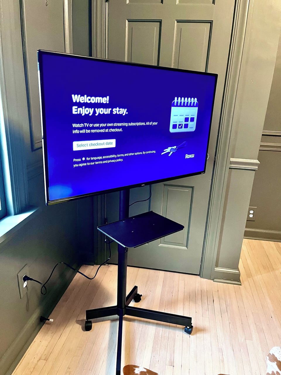 Our Roku SmartTV is cart mounted and can be moved throughout the home. 