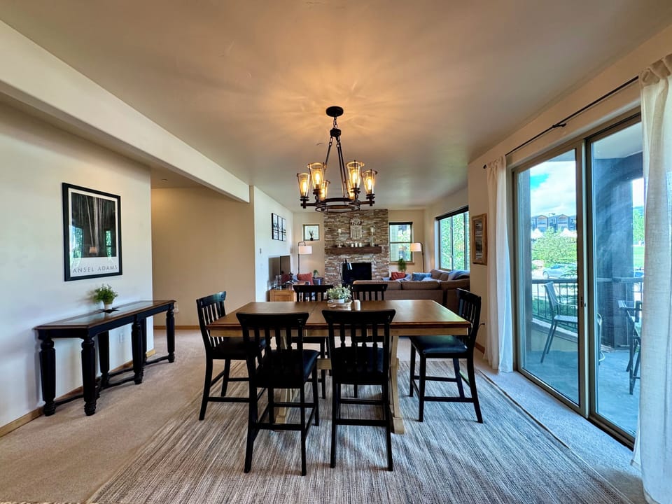 Open counter height dining table that seats eight people.
