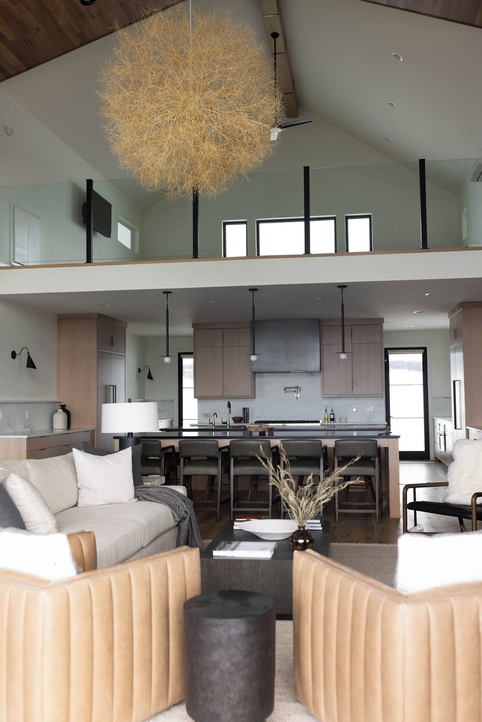 Living room with yoga loft above.