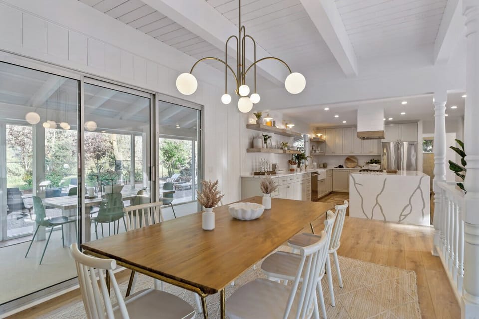 Dining table with extra seating at the kitchen island