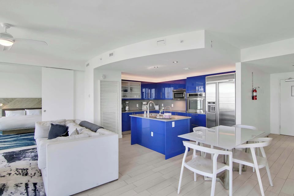 Living, dining, and kitchen area