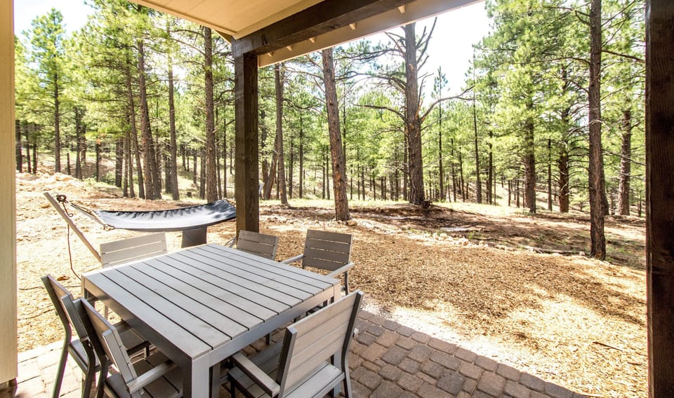 Relax in a private backyard overlooking a serene forest, perfect for wildlife spotting or unwinding in nature.