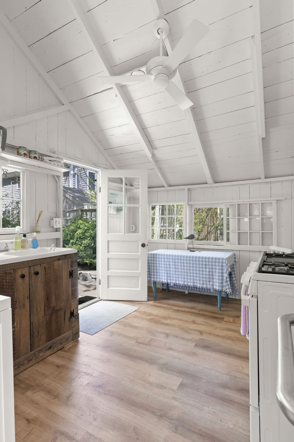 View of kitchen table and sink.
