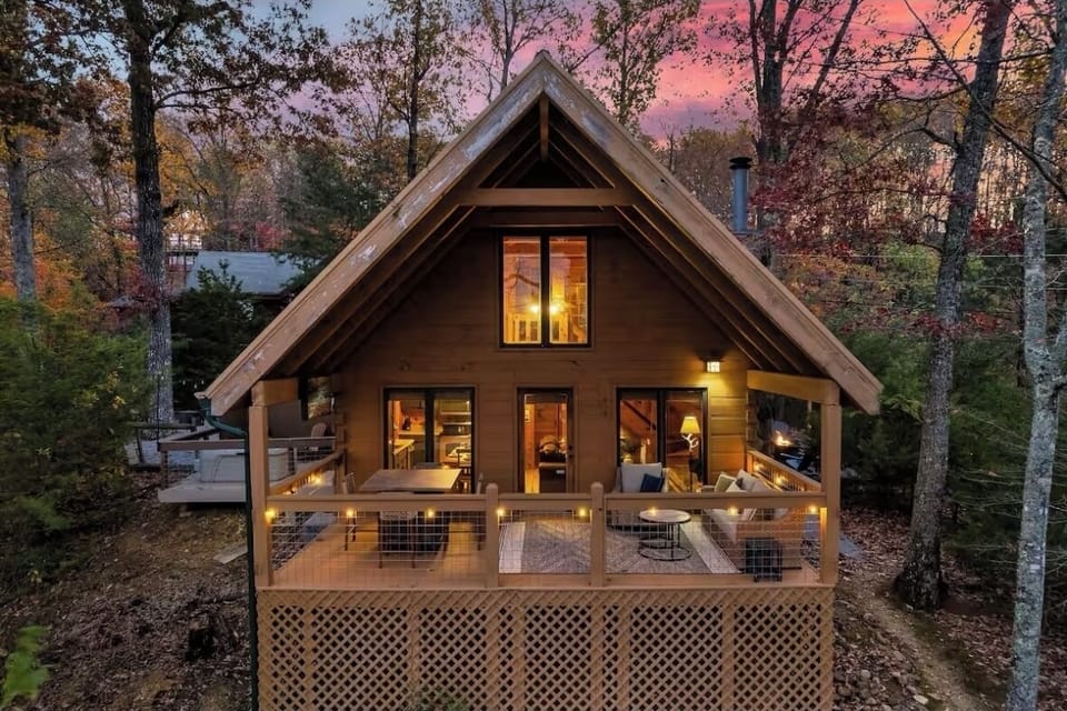 Birds-eye view of our 2-level cabin at dusk.