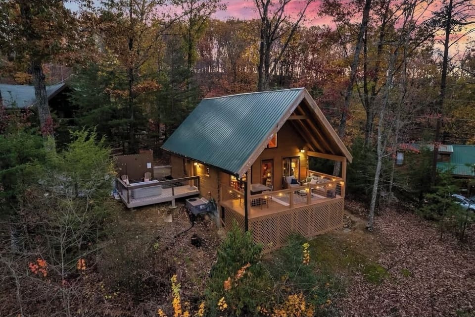 Birds-eye view of our 2-level cabin at dusk!