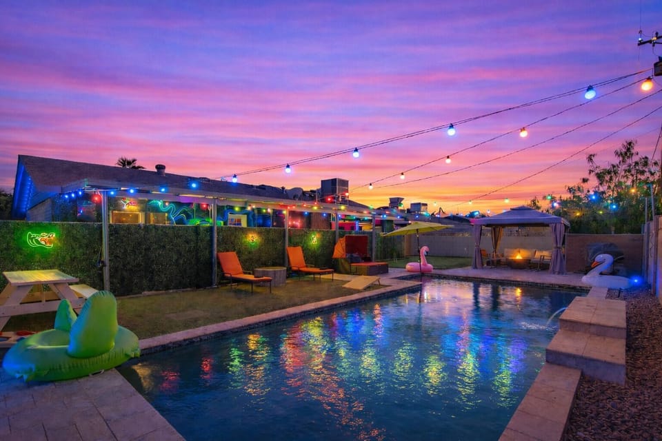 Color-Changing LED pool lighting, loungers, gazebo, pool toys and 
beach towels