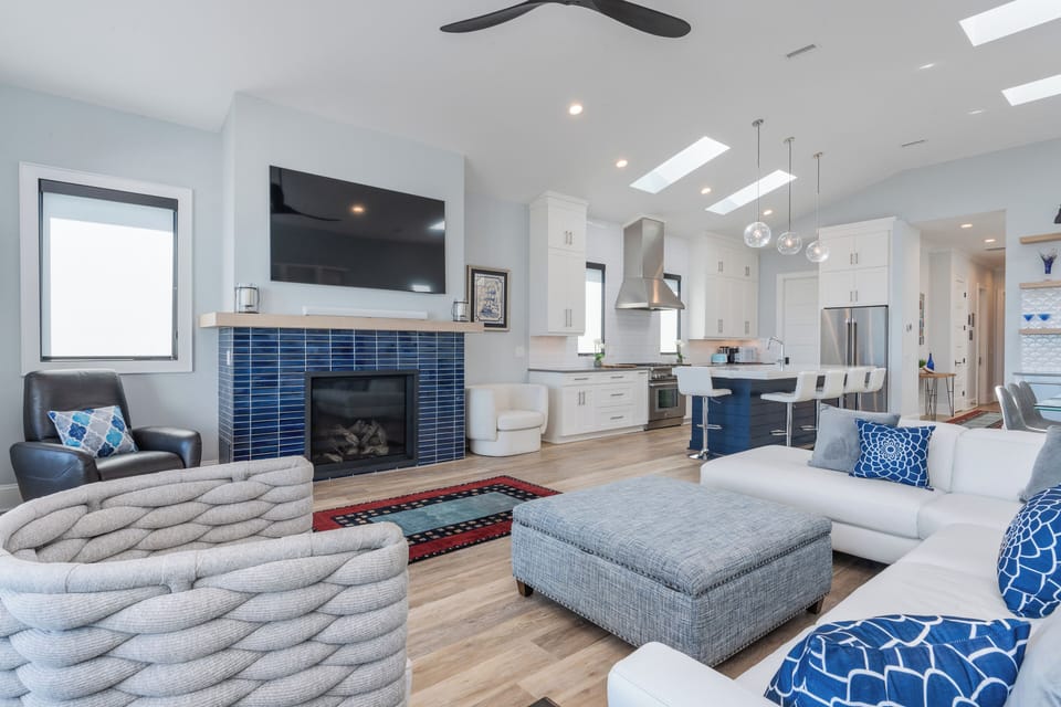 Great room with kitchen beyond