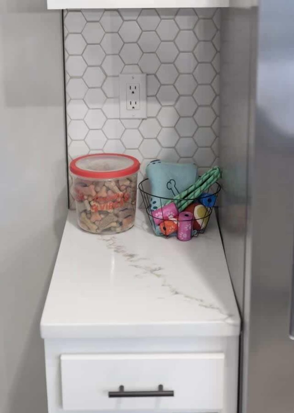 Cozy feeding nook tucked in the kitchen corner for your furry friend