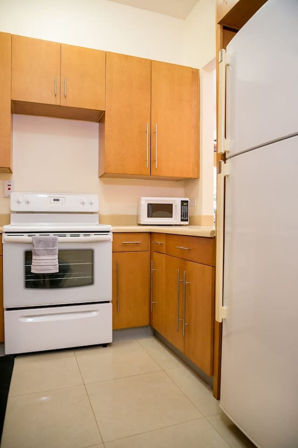 Compact kitchen w/ stove, microwave, fridge & wood cabinets for easy meal prep.