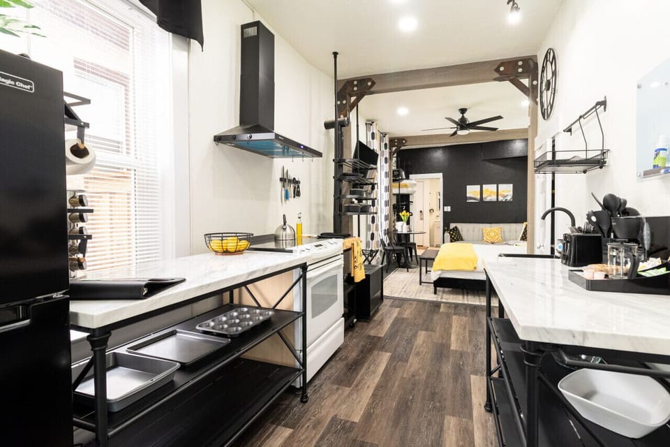 A stylish, compact kitchen, perfect for a solo traveler or couple.