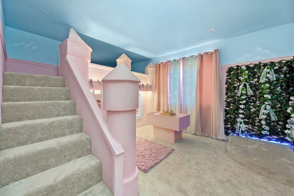 Whimsical realm with castle-inspired décor and enchanting light displays!