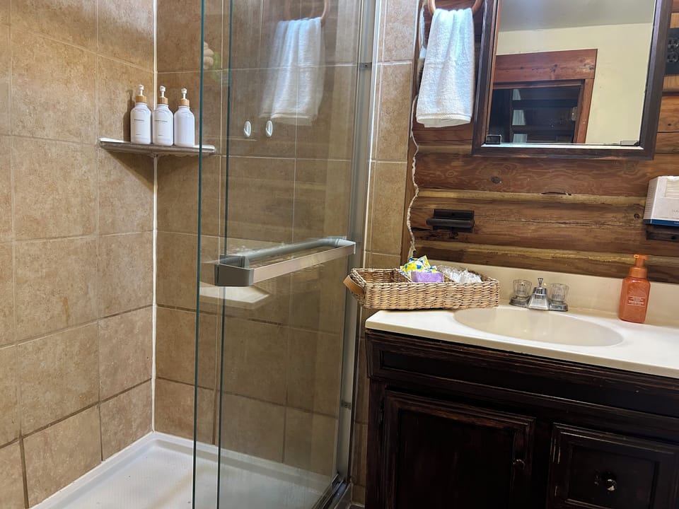 Nice walkin shower, plenty of towels and guest essentials, all soaps, wash cloth