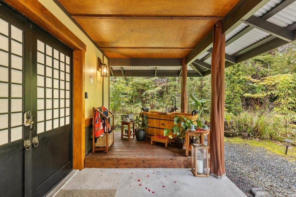 Furo Hot Tub surrounded by private bamboo and tropical forest garden.