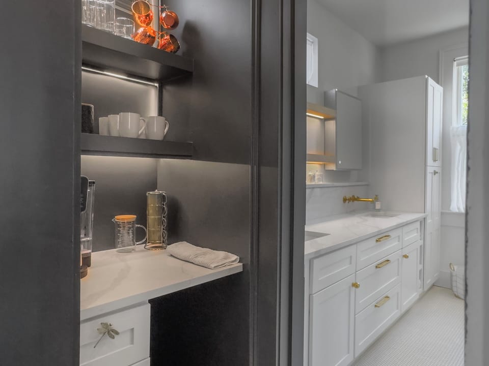 Beverage Bar and bathroom beyond
