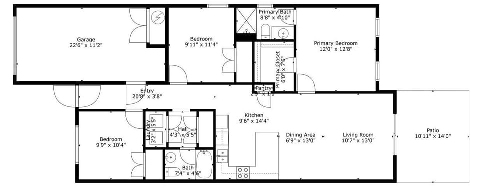 Flat floor plan showing room in a landscape layout
