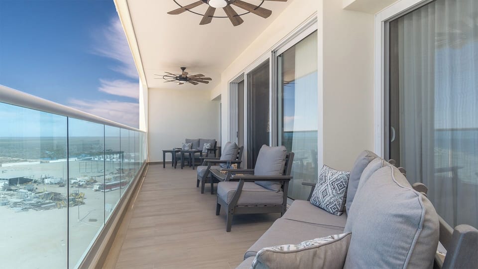 The balcony comes completely furnished.