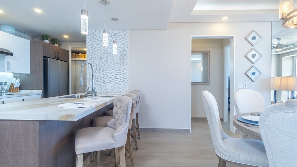 Kitchen counter and dining table.