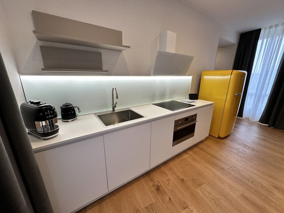 Kitchenette with induction cooktop, hood , combi oven (microwave and electric), sink, refrigerator, dishwasher, kettle, coffee pod machine, dishes, plates, glasses and cutlery.