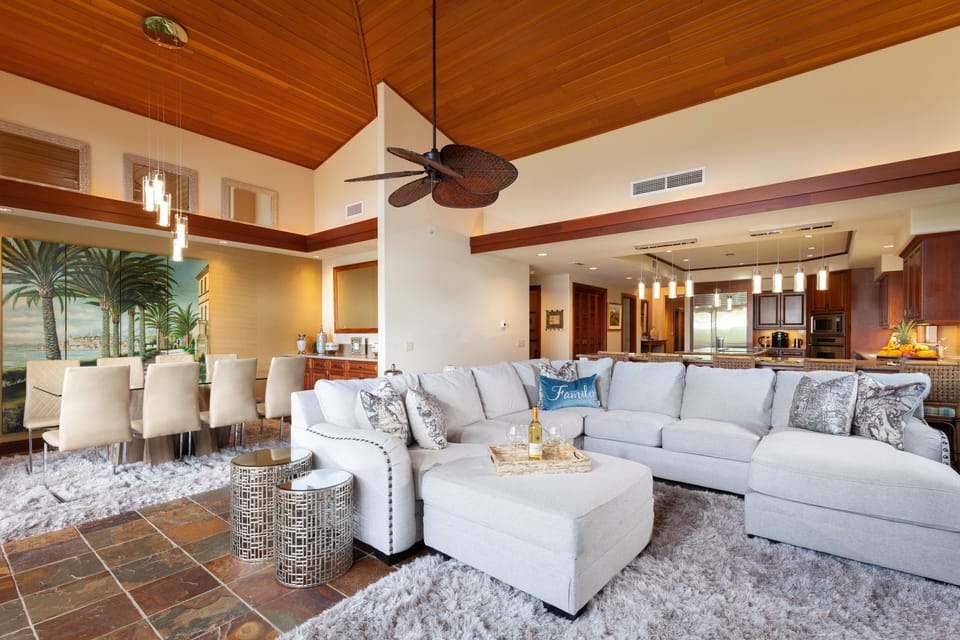 Open concept living area with large comfy sectional
