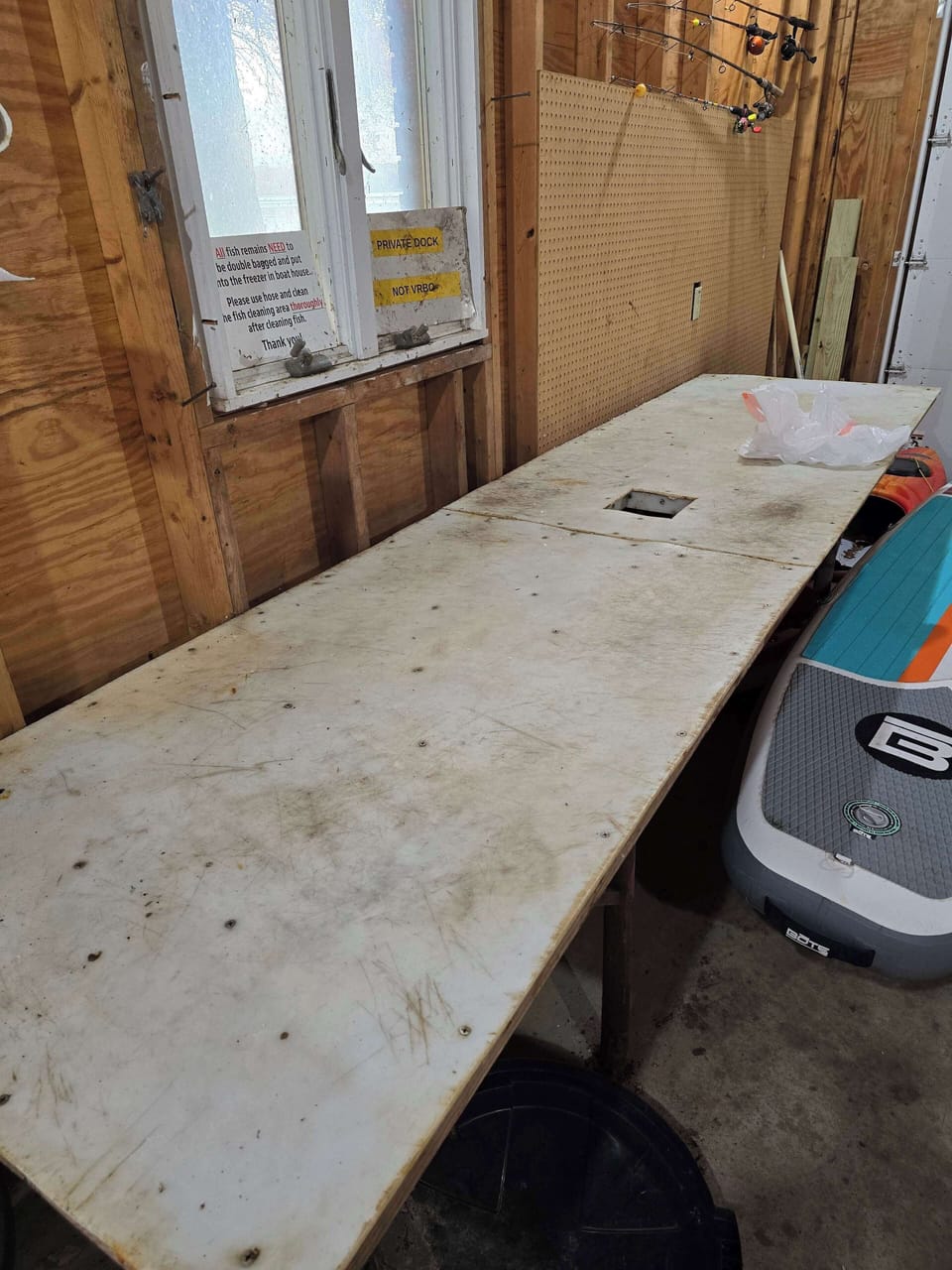 fish cleaning station (double bag remains and put in freezer for disposal)