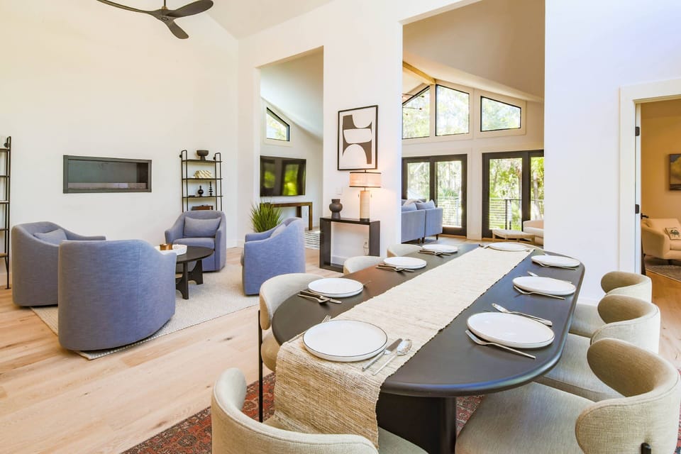 The home's cathedral ceiling and walls of windows showcase the terrific Lowcountry sunlight.