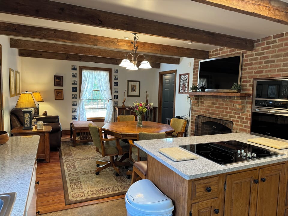 Full kitchen with fireplace, TV, seating area, screen porch to the side.