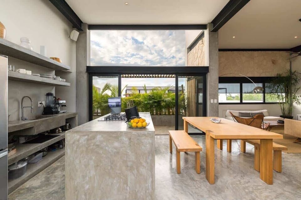 Side view of the kitchen and dining area.