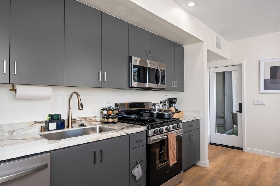 A home cooked meal made easy in our kitchen stocked with all kitchen essentials.