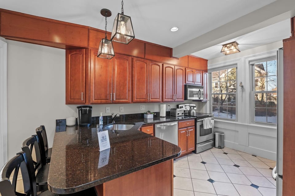There is seating for 3 in the kitchen at the countertop