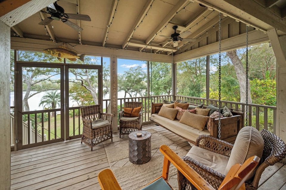 Screened porch with river views