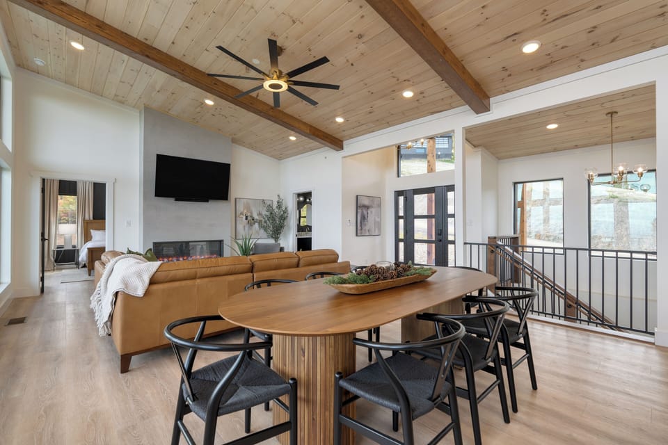Dining table and kitchen.