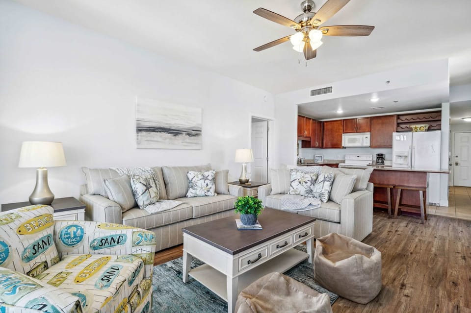 Bright open living space with sofa sleeper, Smart Tv, and breathtaking views