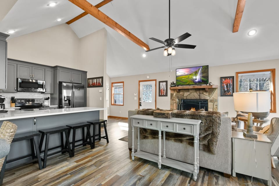 Indoors, Kitchen, Ceiling Fan, Refrigerator, Microwave