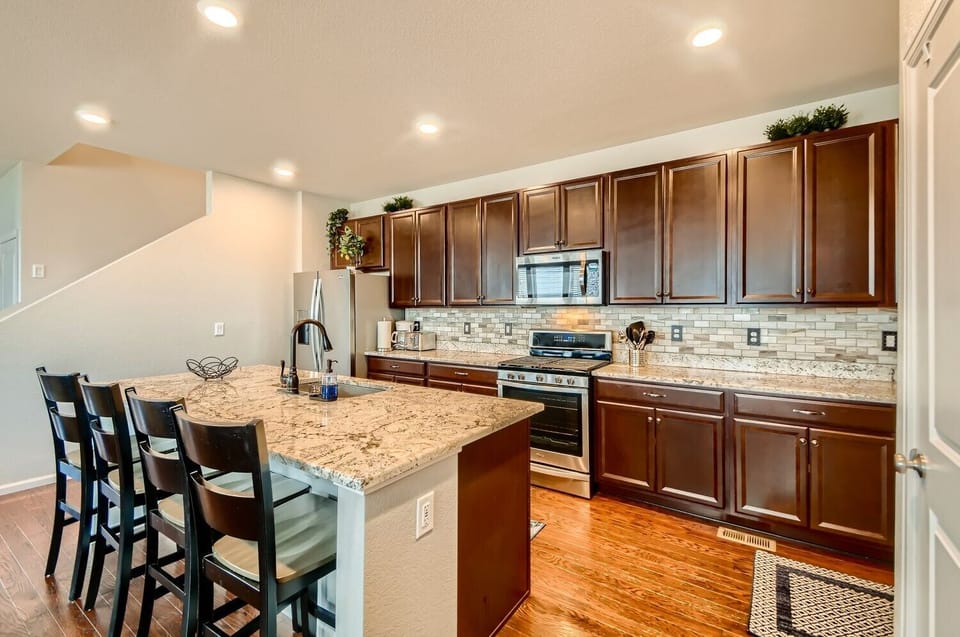 Stainless steel appliances, gas stove, small appliances, great cookware