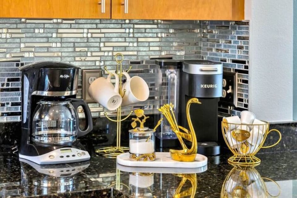 Free Keurig coffee pods are provided, both Keurig machines and traditional coffee machines are available#Disney #Parks #kingdom #springs #RegalOaks #resort #Vacation #Rental #waterpark #Kissimmee #Orlando #universal #citywalk