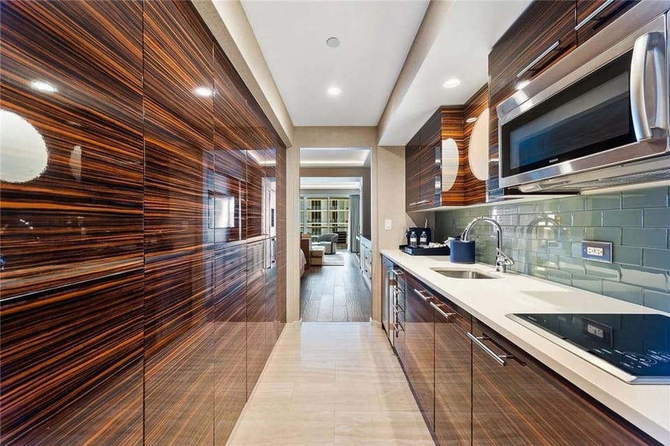 Sleek, modern hotel kitchenette.